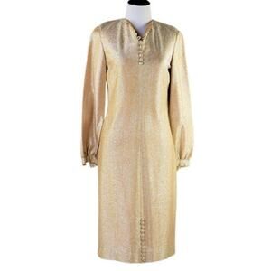 Vintage 1960s Gold-Silver Long Sleeved Dress with Button Detailing Medium